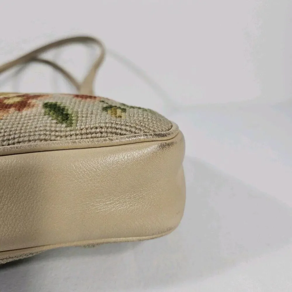 Vintage 1950's Mid Century Needlepoint Floral Purse Handbag Pocket Beige - Picture 11 of 13
